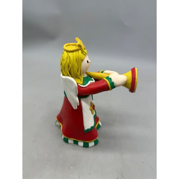 Handcrafted Christmas Clay Angel Figurine With Trumpet - Red/Green Holiday READ - Picture 6 of 9